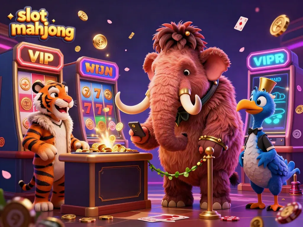 Slot mahjong dengan elemen kasino, termasuk mammoth bouncer dan macan saber-tooth dalam suasana ceria.