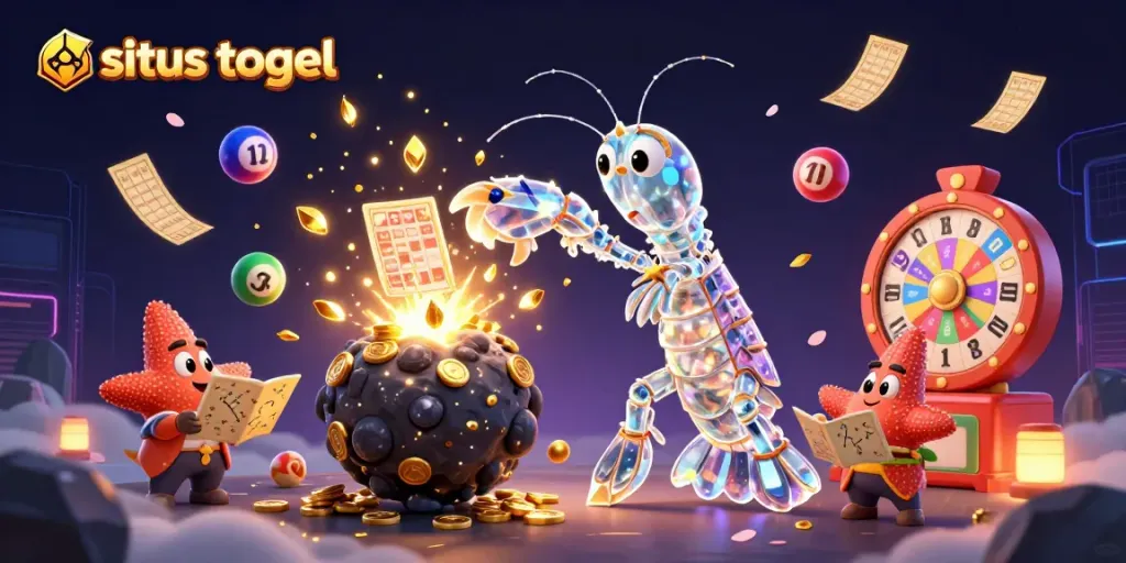 Engage with situs togel as a 3D cartoon mantis shrimp explodes an asteroid into gold coins and gemstones.