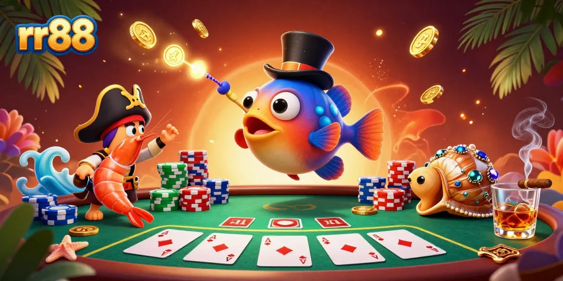 rr88 engages players with vibrant casino action featuring poker elements and charming sea creatures.