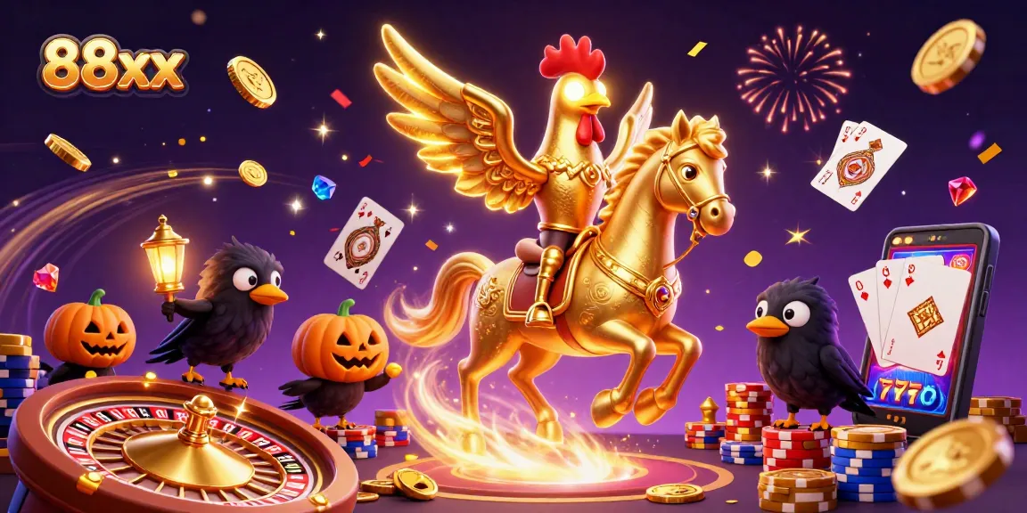 Join the excitement at 88xx, featuring a golden rooster and festive casino elements!