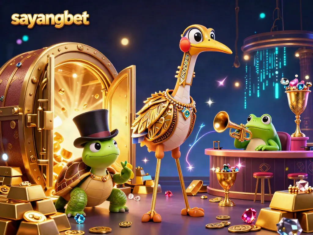 Experience thrilling games with Sayangbet, featuring a vibrant casino scene with treasures and lively characters.