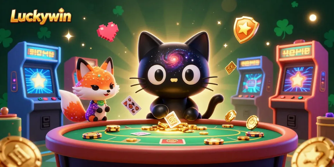 Experience Luckywin's cosmic gaming adventure filled with bright 3D arcade machines and vibrant characters.