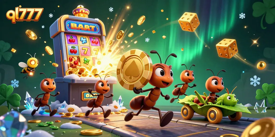 Amusing 3D illustration showcasing a dynamic ql777 scene with ants heisting a giant poker chip amid vibrant casino elements.