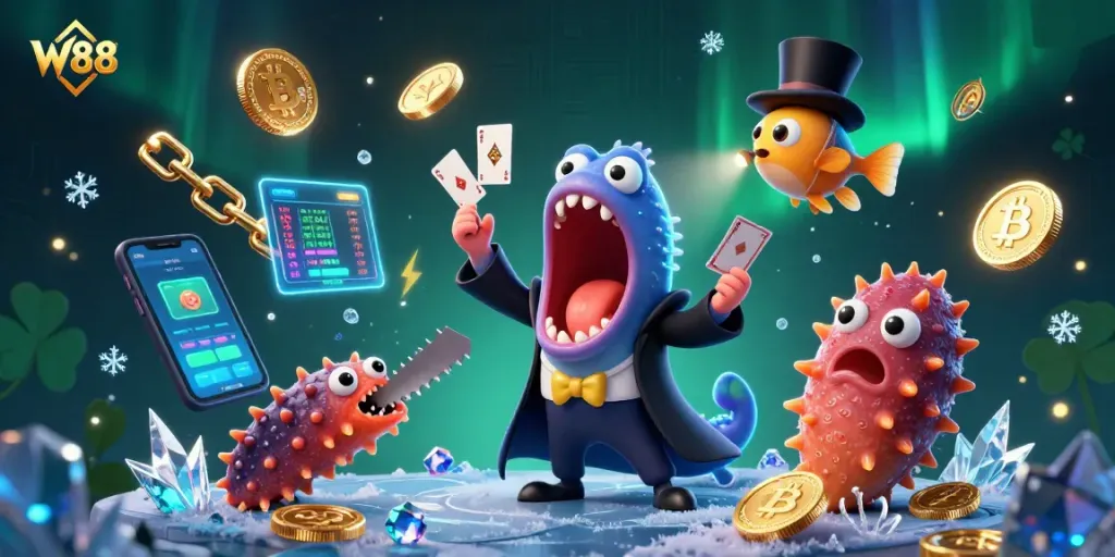 Experience W88's casino magic with a vibrant 3D illustration showcasing unique underwater characters.