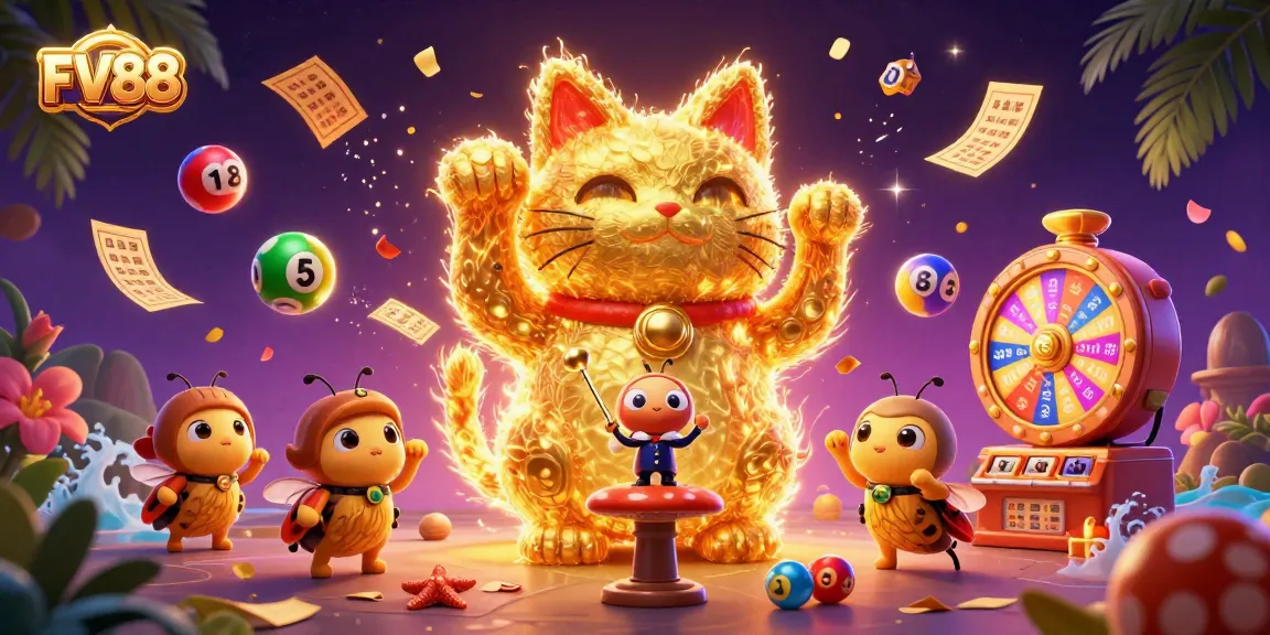 Experience the excitement of FV88 with a vibrant lucky cat and dynamic lottery elements in this 3D illustration.