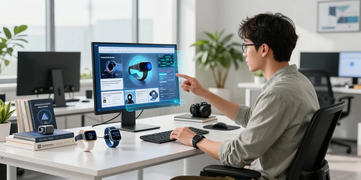 AI wearables showcased in a modern tech workspace, highlighting innovative devices and engaging user interaction.