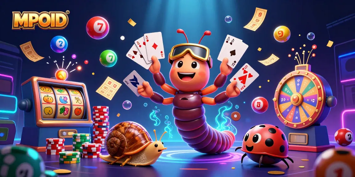 MPOID platform showcases a colorful 3D illustration of a millipede dealer and characters in a vibrant casino scene.