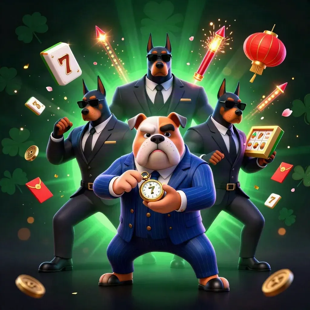 Bulldog bos mafia dan dua doberman dikelilingi ubin mahjong, lentera, koin jade, dan kilau neon.