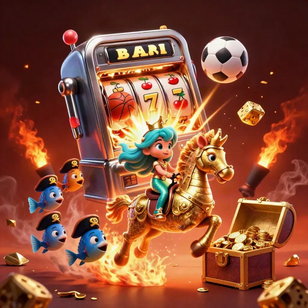 Putri duyung kartun naik kuda laut emas dikelilingi bola basket, slot, dan cahaya api.