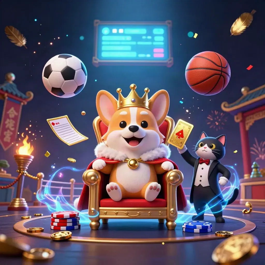 Korgi bertakhta dan kucing pelayan di tengah bola, koin, api, dan efek kasino futuristik.