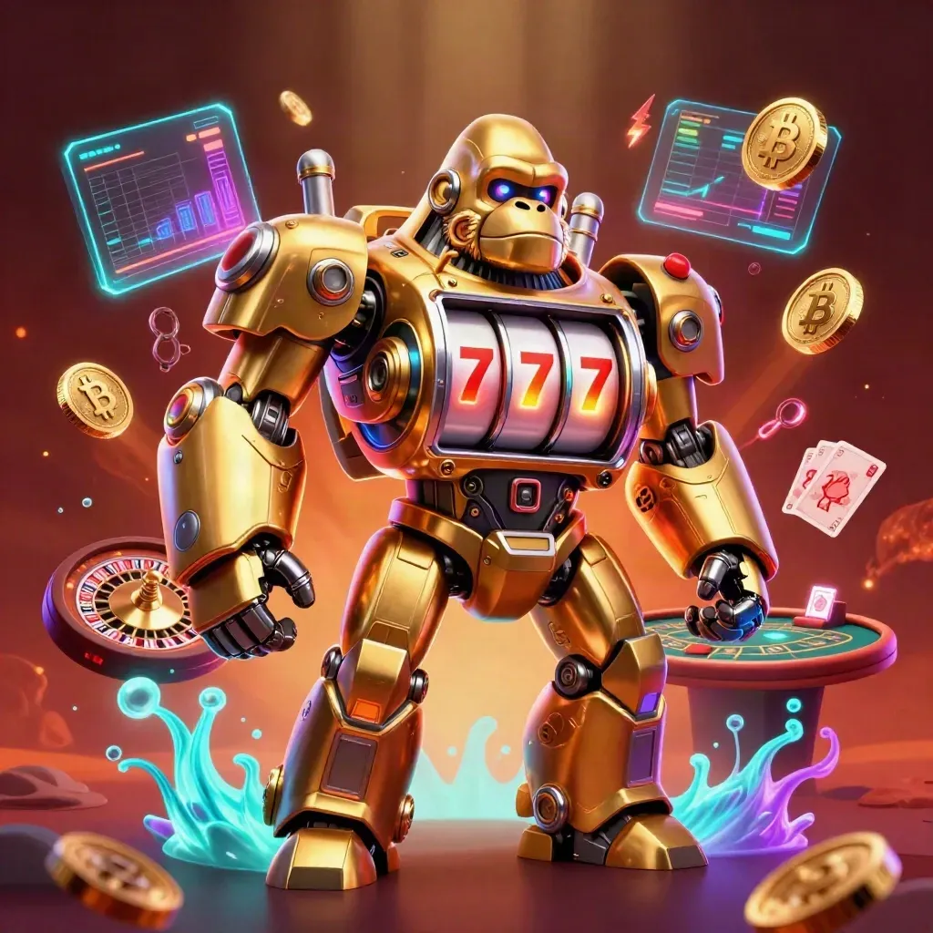 Mech gorila emas dengan koin kripto, roda slot, dan cahaya kasino neon futuristik.