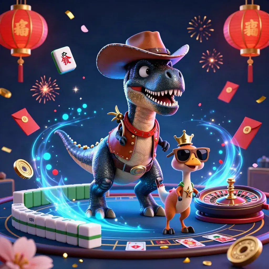Dinosaurus koboi, kaktus, dan roadrunner di kasino neon dengan efek ajaib.