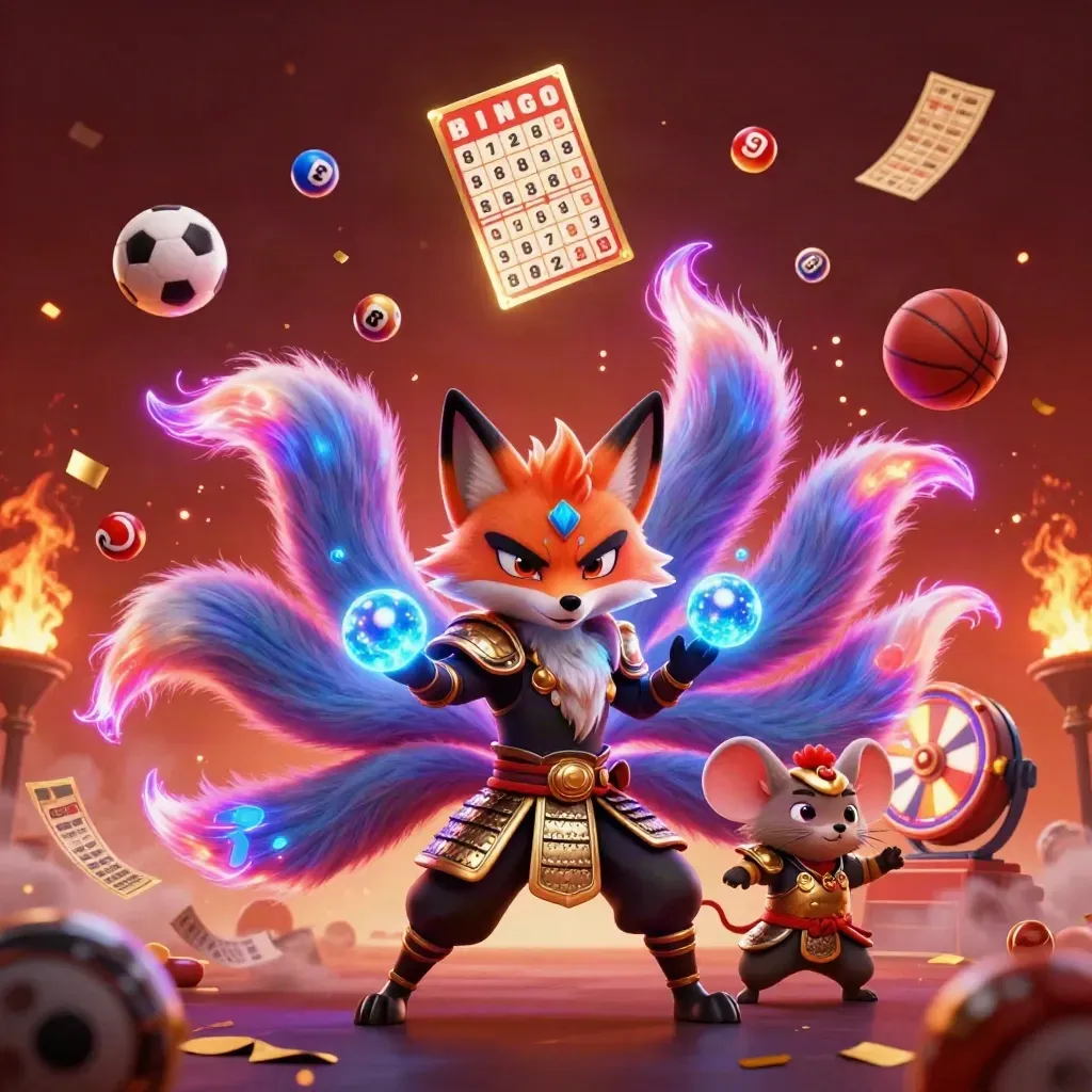 Rubah roh berekor sembilan dan tikus samurai emas dikelilingi bola undian, roda hadiah, bola sepak, dan bola basket.