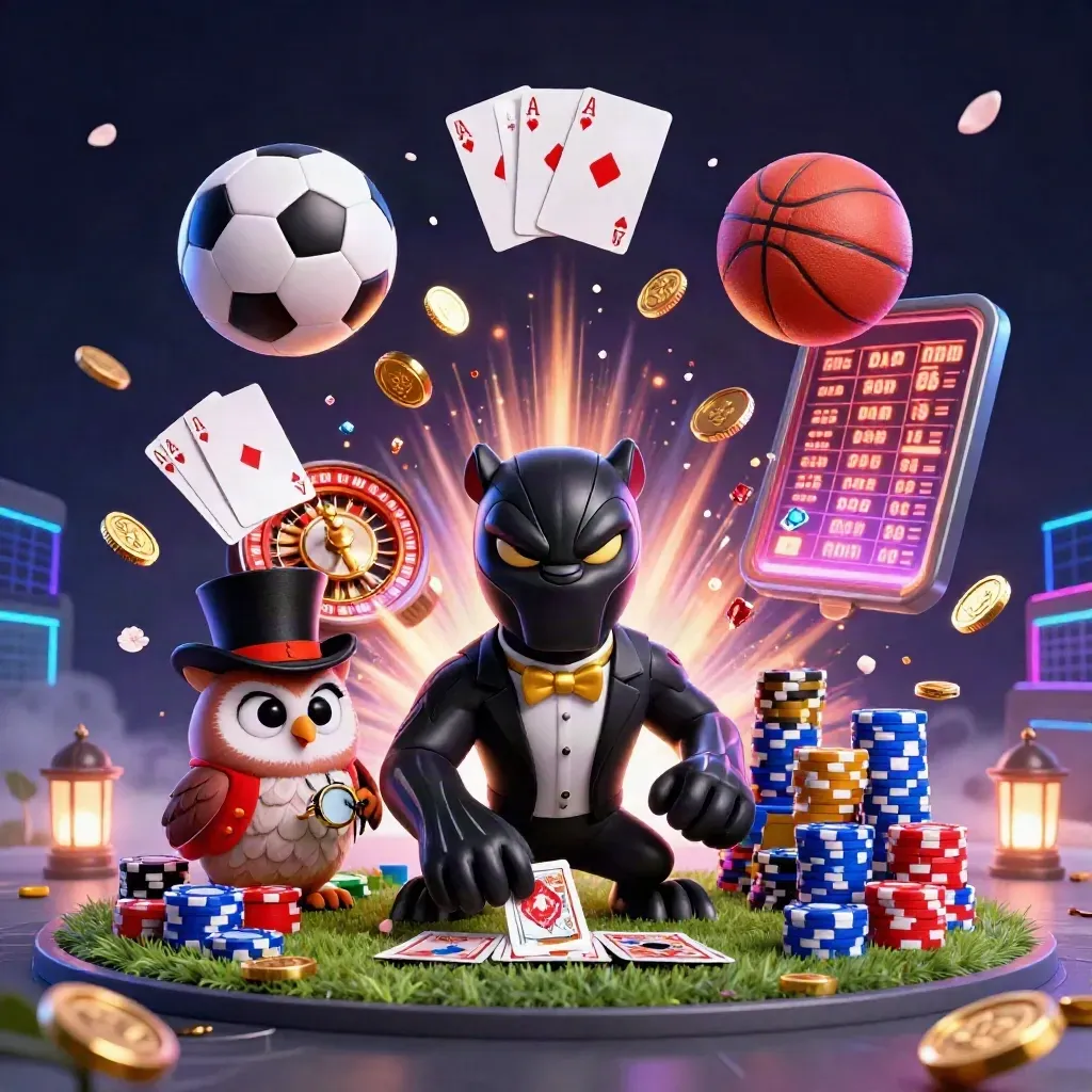 Panther, burung hantu, dan tikus kasino di tengah bola, chip, dan koin berkilau