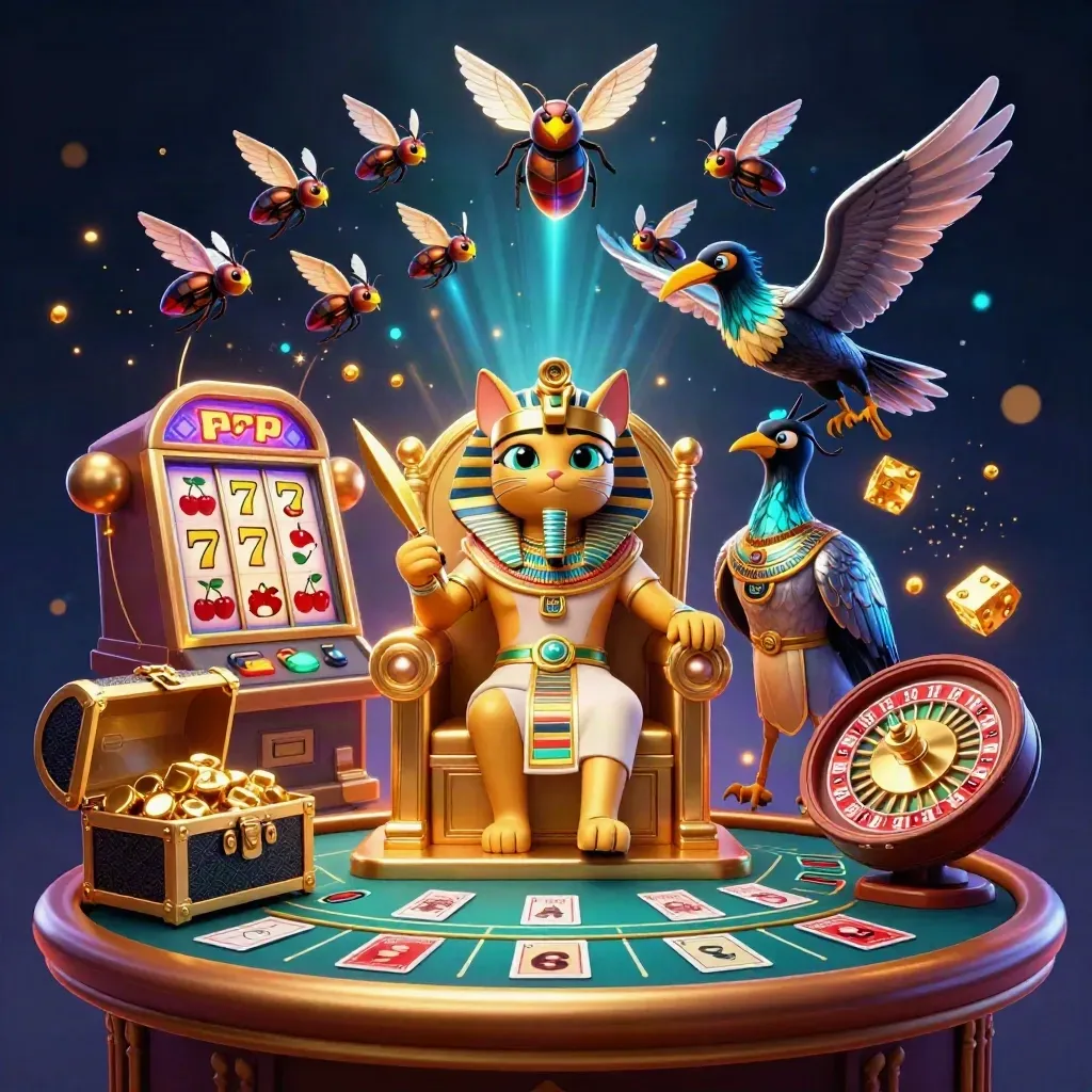 Kucing firaun 3D, ibis, dan scarab di kasino emas dengan efek neon biru.