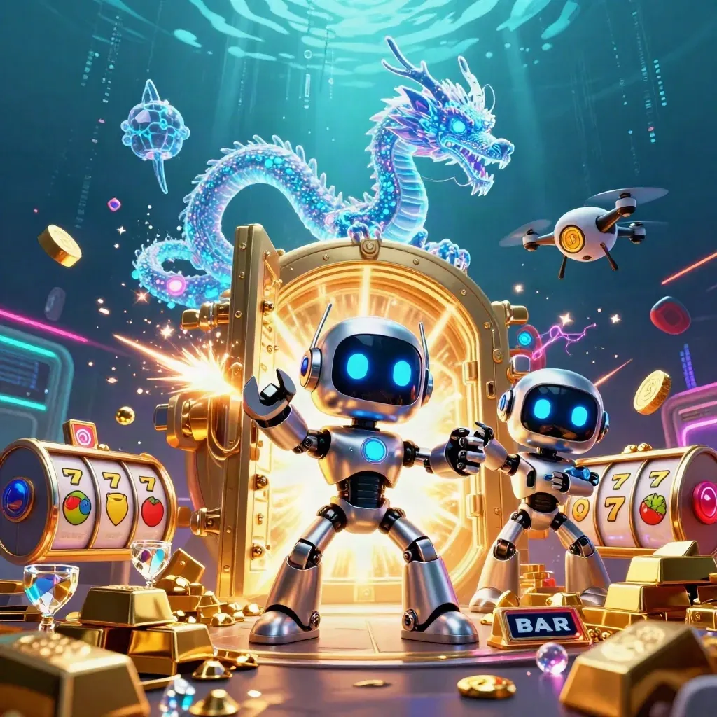 Robot cyberpunk, naga AI holografik, dan drone membuka peti harta di laut gelap neon.