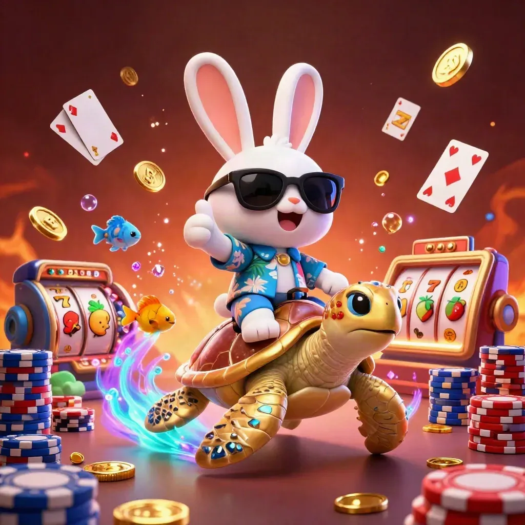 Kelinci kartun 3D naik kura-kura emas dikelilingi koin, permata, dan cahaya biru neon.