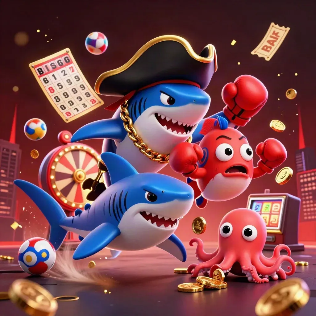Ilustrasi 3D kartun hiu bajak laut, ikan buntal, dan bayi gurita di latar neon merah.