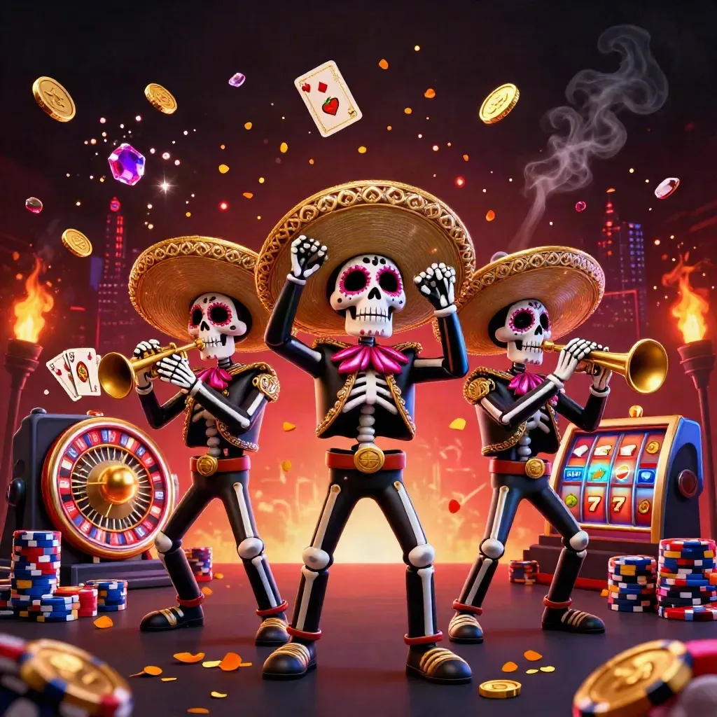 Kerangka mariachi Day of the Dead dengan koin emas, roda roulette, dan slot casino meledak di latar gelap.