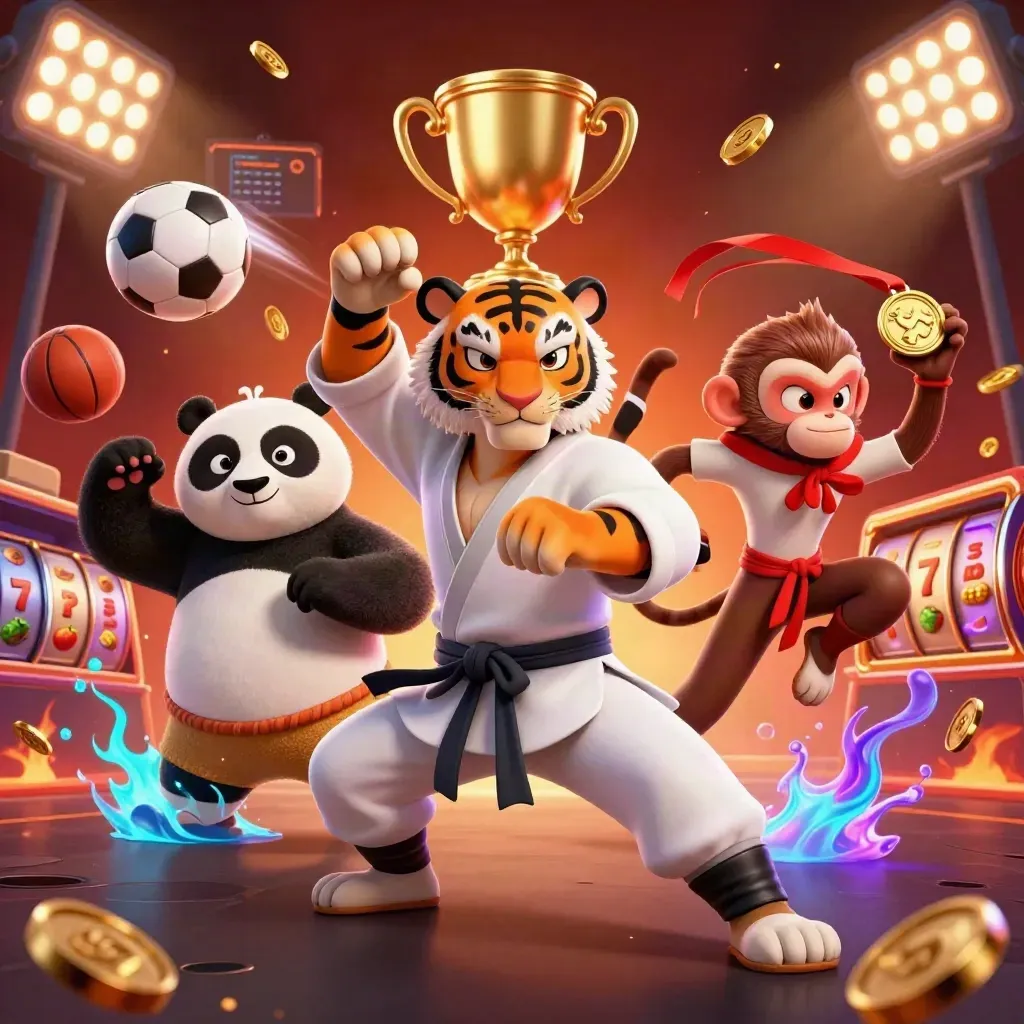 Harimau kung-fu, panda, dan monyet di ledakan bola, koin, trofi, dan cahaya neon merah.