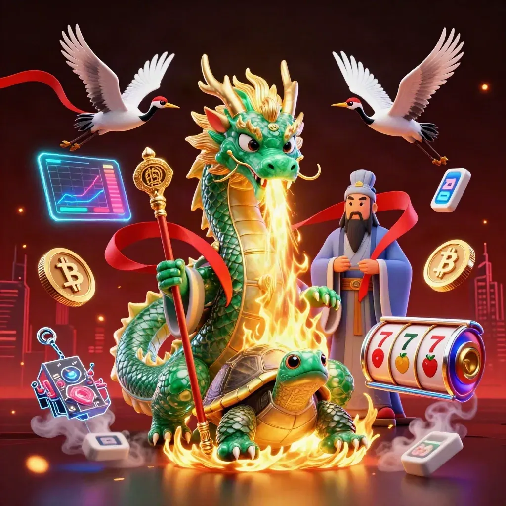 Naga jade menyembur api emas, ditemani kura-kura bijak dan dua bangau di kilau kasino futuristik.