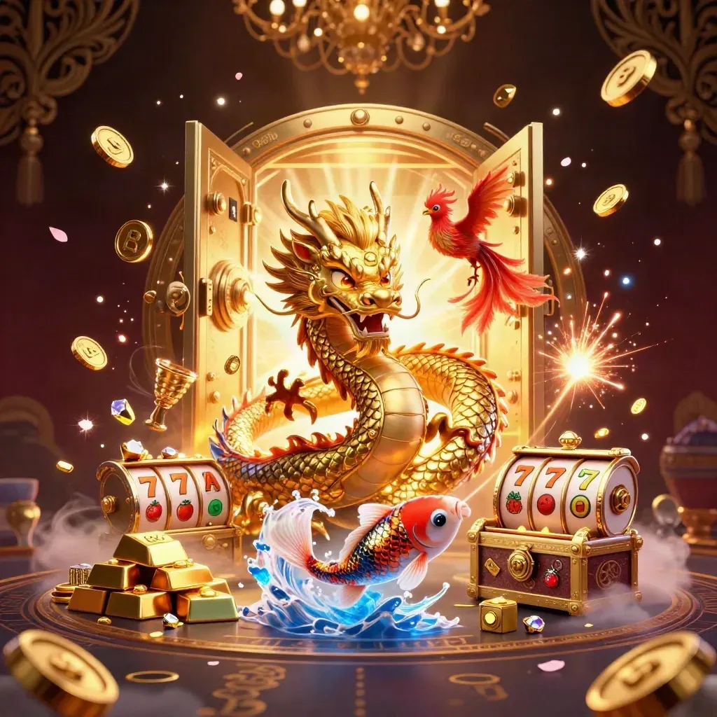 Naga emas 3D, phoenix merah, koi, peti harta, koin emas, dan cahaya kasino meledak glamor.