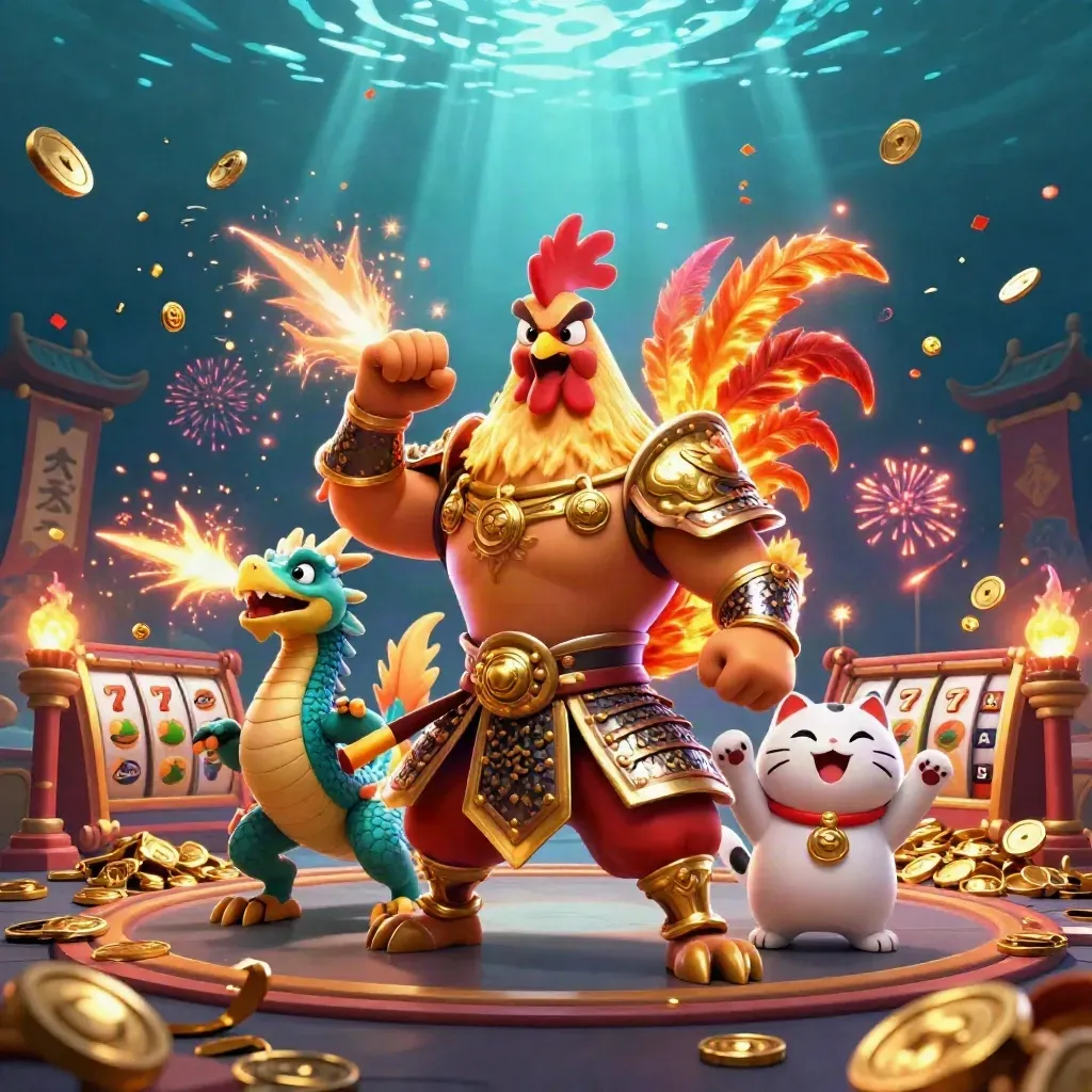 Ayam samurai, naga kecil, dan kucing hoki dikelilingi koin, petir, dan kembang api kasino.