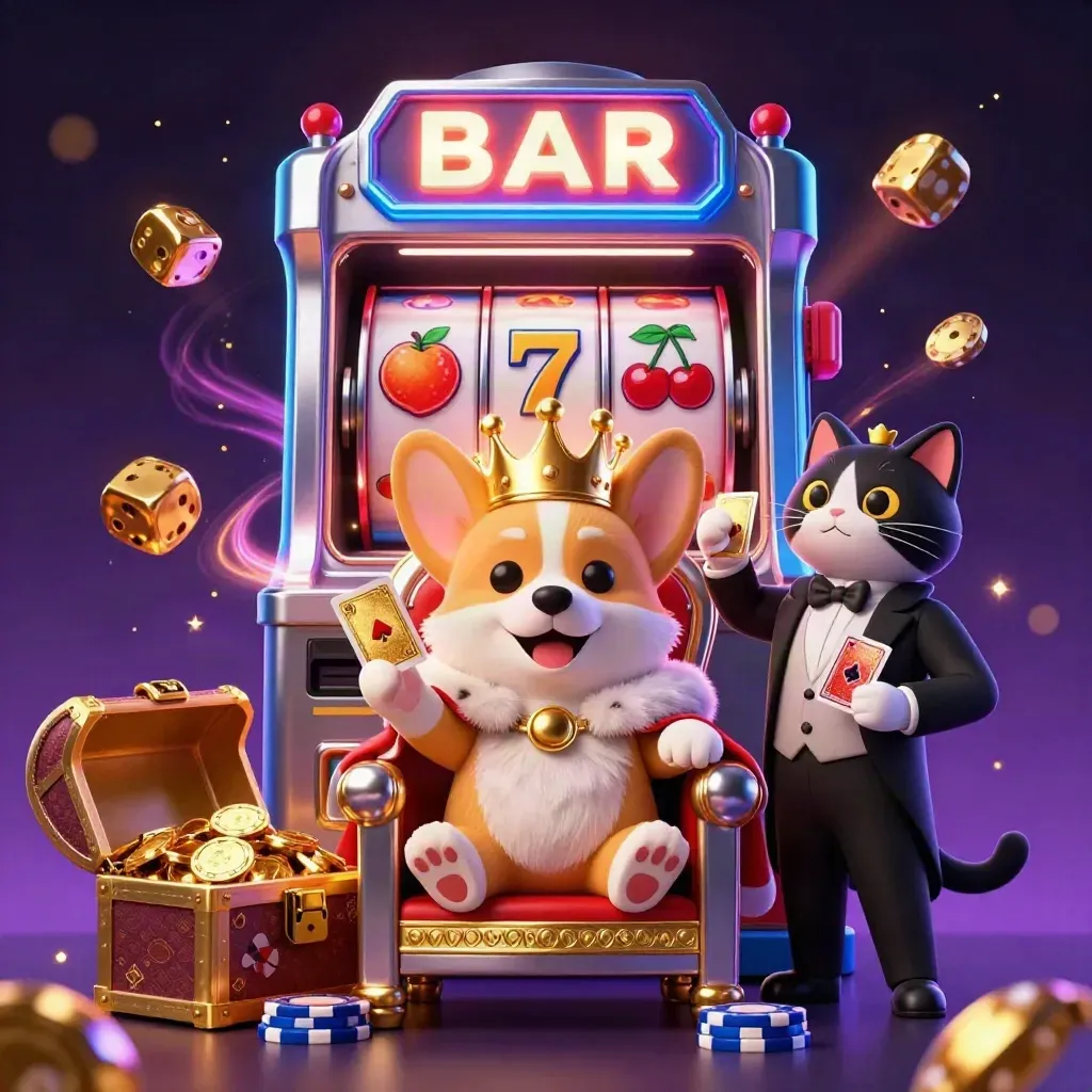 Seekor corgi raja dan kucing pelayan di kursi chip, slot meledak, simbol jackpot bertebaran