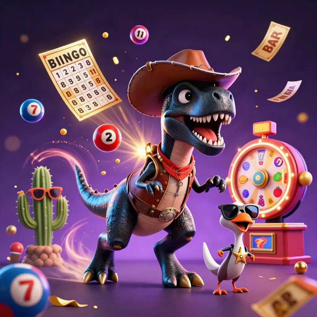 T-Rex koboi, kaktus, dan burung roadrunner di latar kasino neon dengan efek emas.