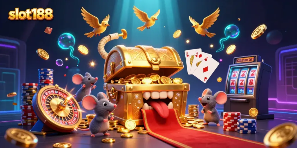 Permainan menarik di SLOT188 dengan mesin slot dan harta karun bercahaya.