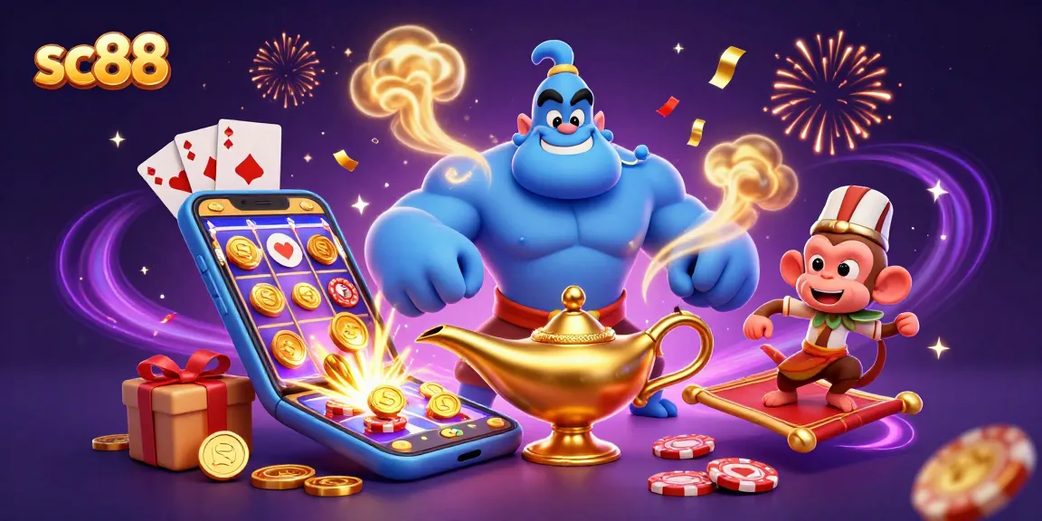 Experience the thrill of sc88 with a genie, monkey, and slot game elements in a vibrant casino scene.