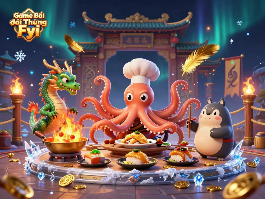 Game Bài Đổi Thưởng Fyi showcases dynamic casino action with characters amidst swirling gold coins and vibrant energy.