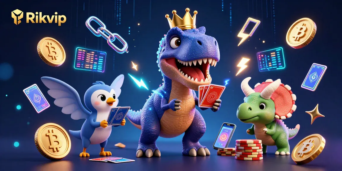 Rikvip showcases a vibrant 3D casino scene with a friendly dinosaur and crypto elements.