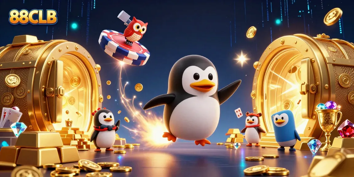 88CLB offers exciting live casino gaming with a golden penguin flying to a coveted poker chip.