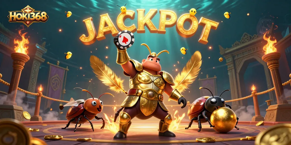 HOKI368 champions the jackpot with a vibrant 3D scene featuring a victorious beetle and fireworks.