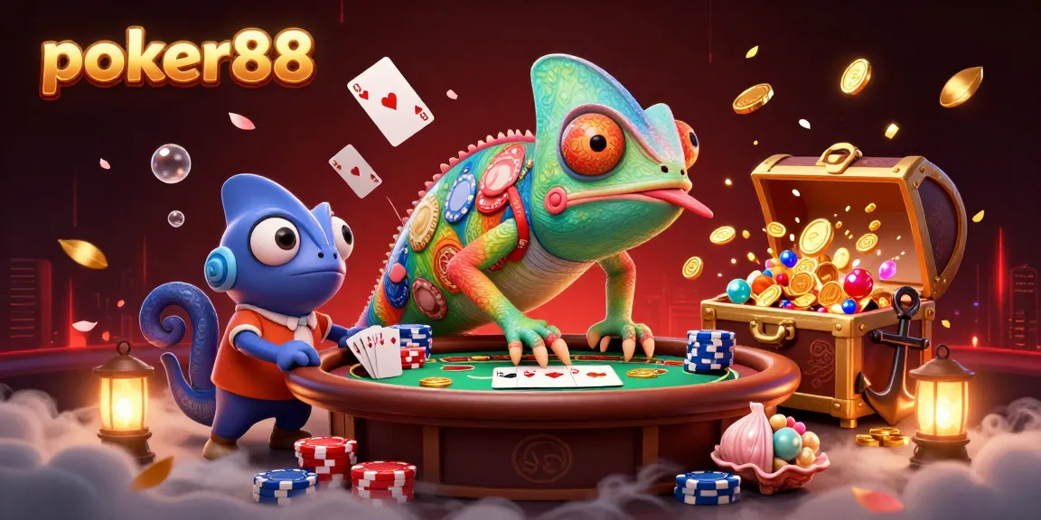 Permainan poker88 di kasino digital dengan chameleon dan tumpukan chip, menanti kemenangan!