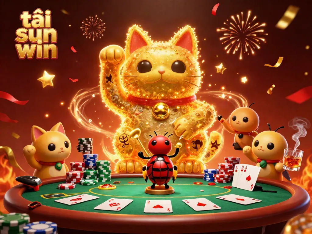 Engage in gaming excitement with tải sun win, as golden fireflies and a lucky cat bring the casino to life.