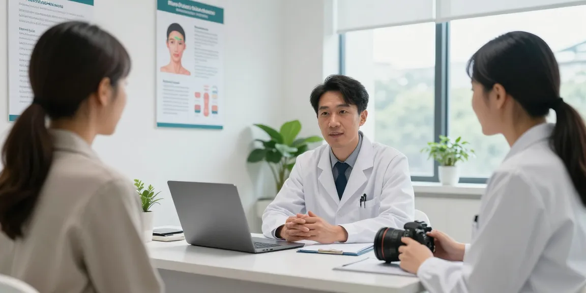 Physician explaining melanoma risks of tanning beds to patient in a modern clinic; read more on skin health.