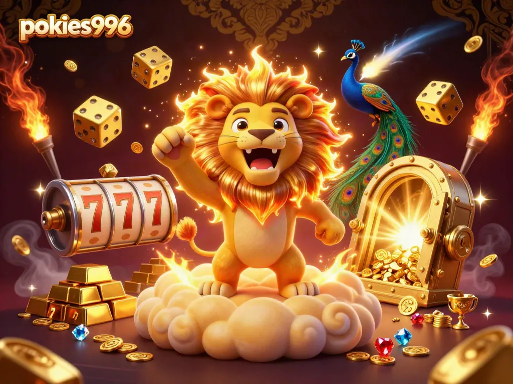 Experience the thrill at pokies996 with a majestic sun lion and dazzling casino elements.