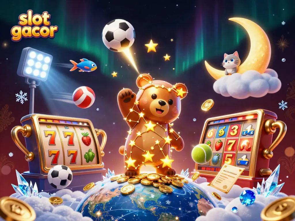 Experience the excitement of slot gacor in a vibrant, 3D illustration filled with lively casino elements.