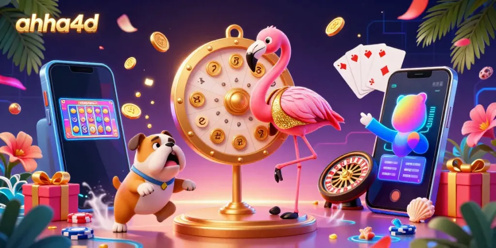Spin and win with ahha4d's exciting digital gaming experience featuring vibrant characters and casino elements.