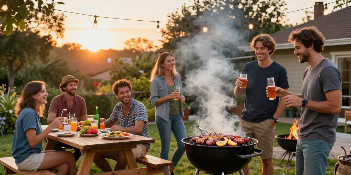 Suasana pesta BBQ di halaman belakang dengan teman-teman menikmati hidangan dan merayakan kebersamaan sambil bermain BOS88.