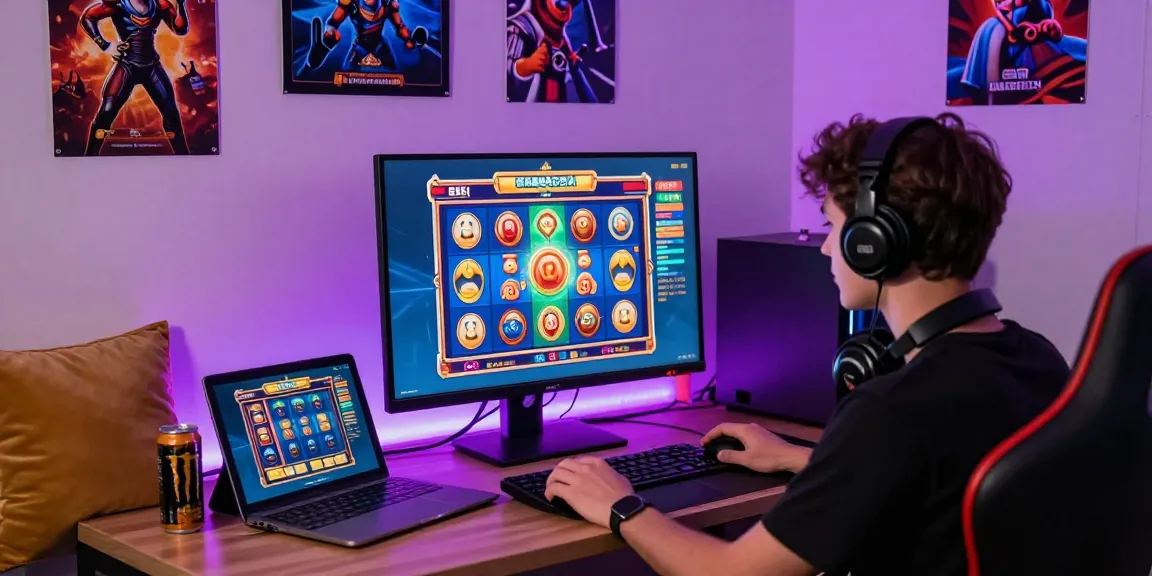 Exciting online gaming atmosphere showcasing situs slot deposit 10 ribu experience with vibrant slot game interface and gaming setup.