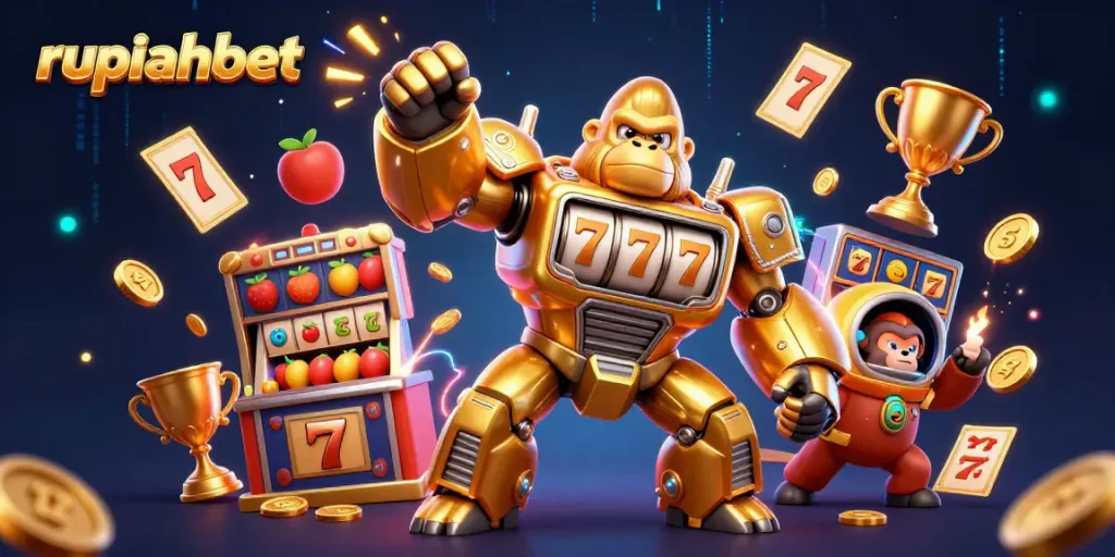 Experience thrilling wins with rupiahbet's exciting slots illustrated through a vibrant 3D scene.