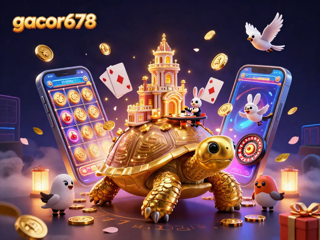 Delve into gacor678 with lively casino elements like a golden tortoise, rabbit dealer, and coins flying around.