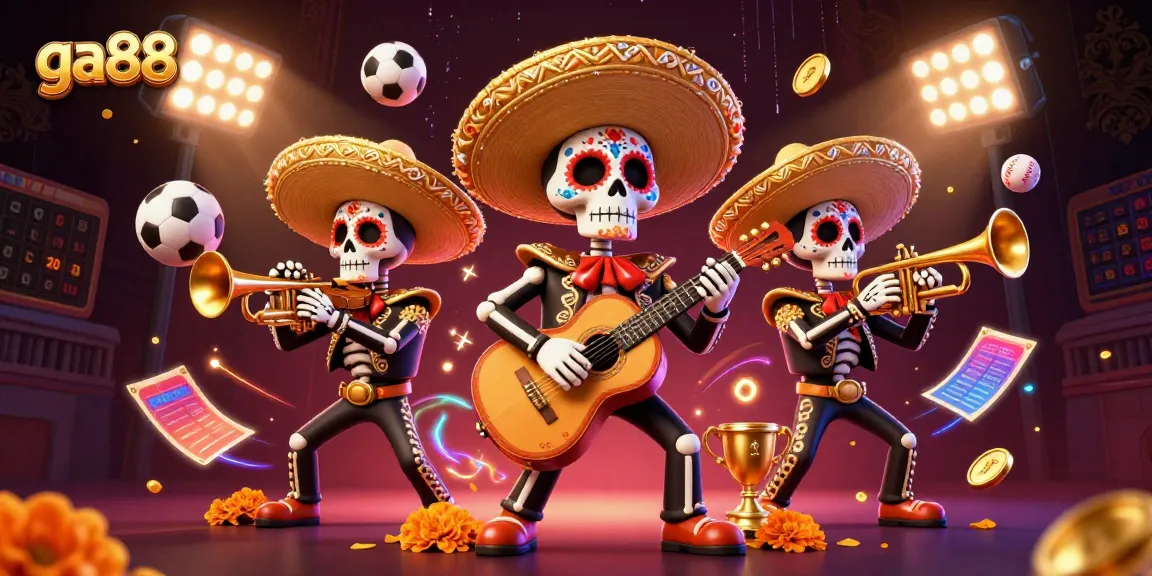 Engage with ga88’s thrilling betting experience through a vibrant illustration of mariachi characters and animated sports elements.