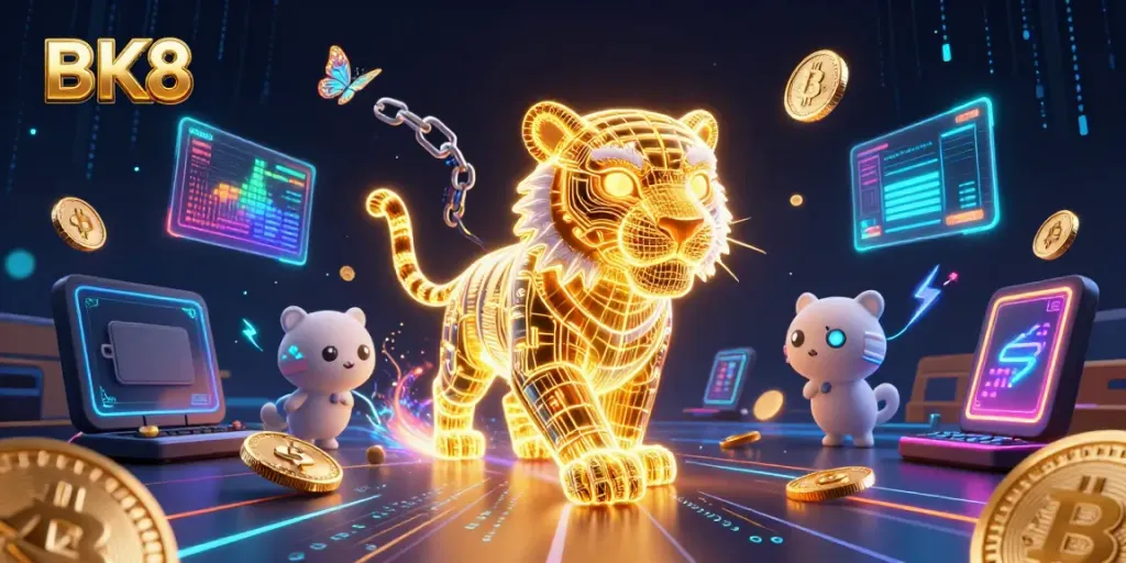Experience the excitement with BK8, featuring a golden tiger and digital elements in a vibrant casino.