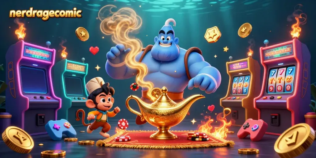 Komik nerdragecomic menunjukkan jin biru kuat dan seekor monyet dengan karpet ajaib yang membawa chip poker di kasino.