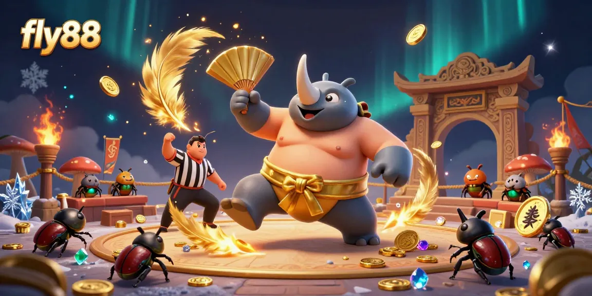 fly88 champions compete with a sumo beetle in a thrilling online casino arena surrounded by gold coins.