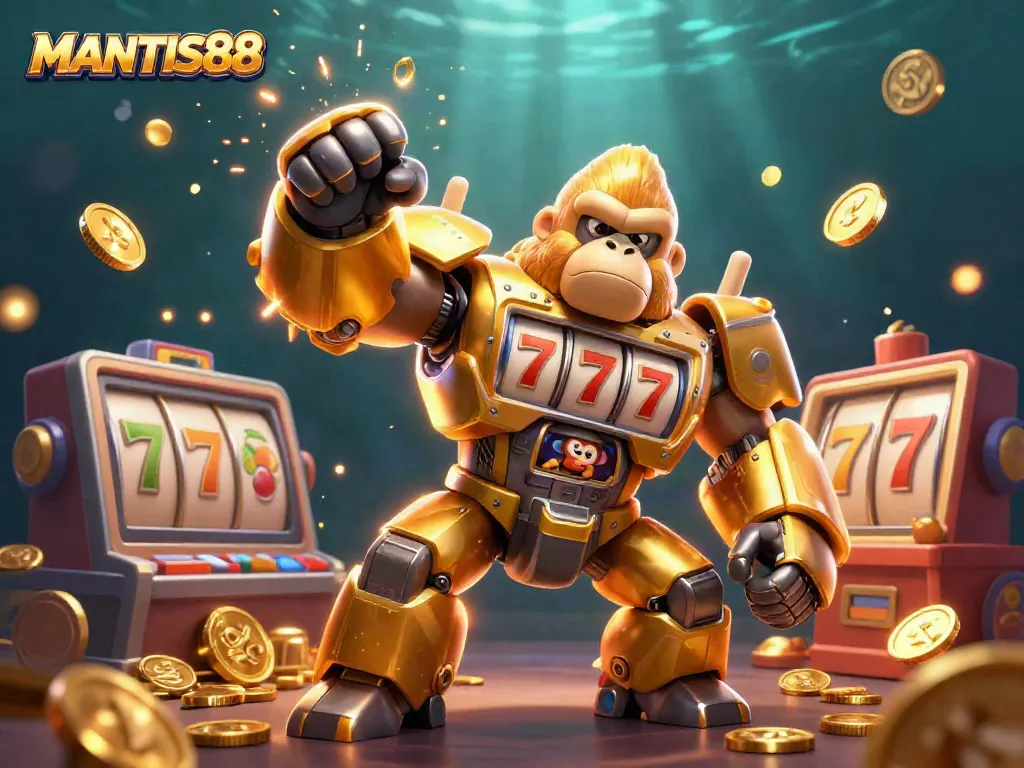 Engage with MANTIS88's vibrant slot gaming world, featuring a unique golden gorilla mech amidst dynamic game elements.